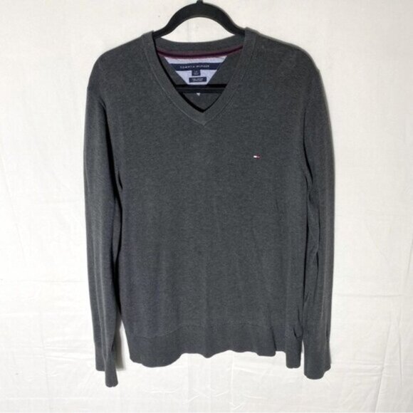Tommy Hilfiger Grey Pima Cotton Knit V Neck Pullover Light Sweater L - Picture 1 of 13